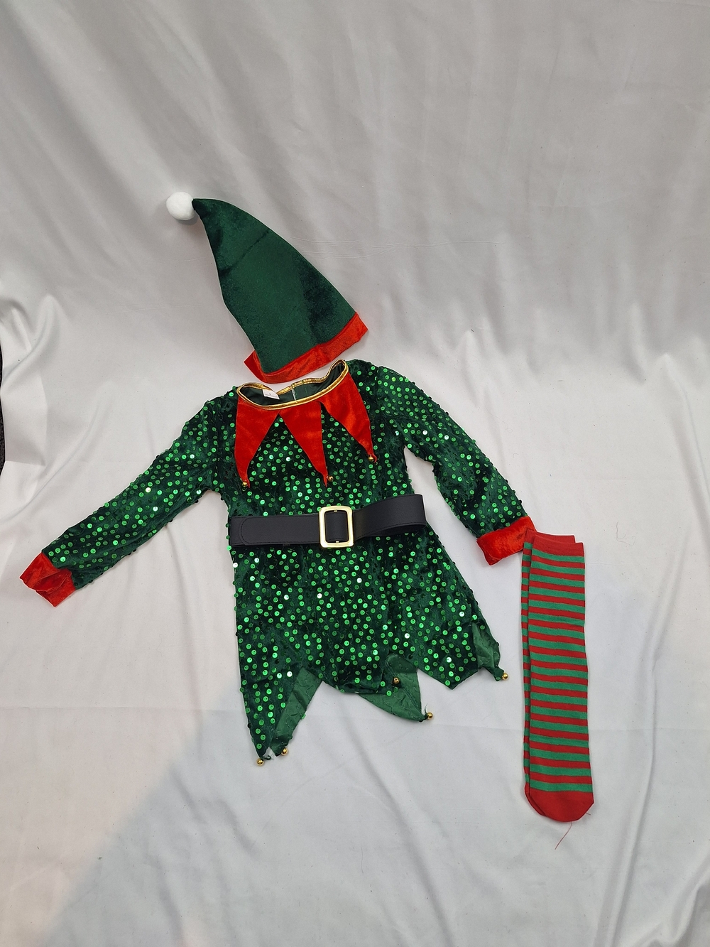Green Sequin Elf Costume with Hat and Striped Tights